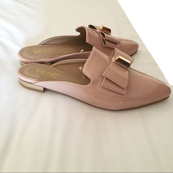 Shoes - Nude Pink backless flat mules, gold stripe on hill